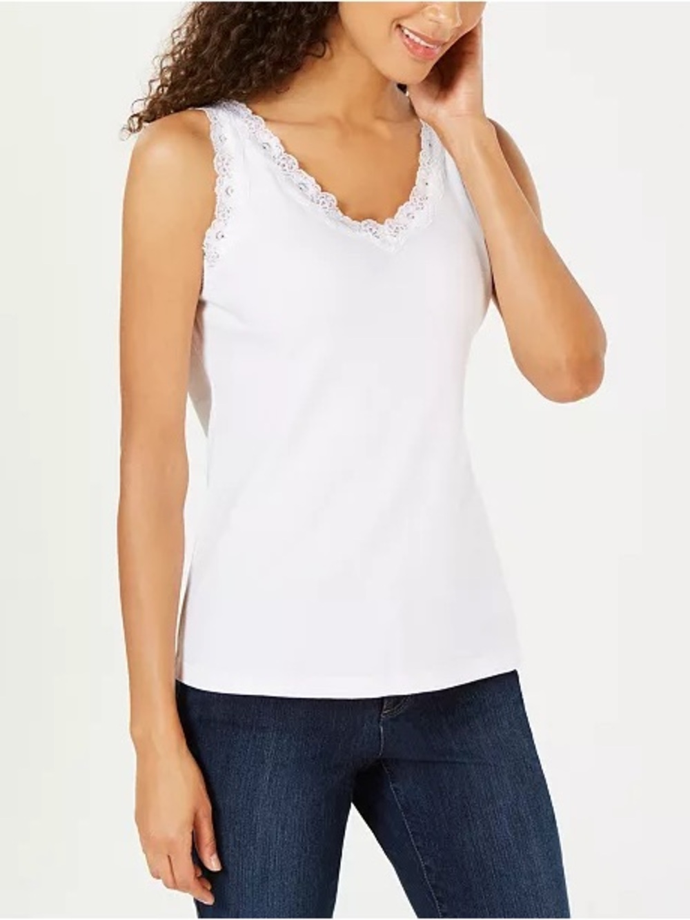 Karen Scott 100% Cotton Lace Trim White Tank Top Feminine Summer V-neck Petite M